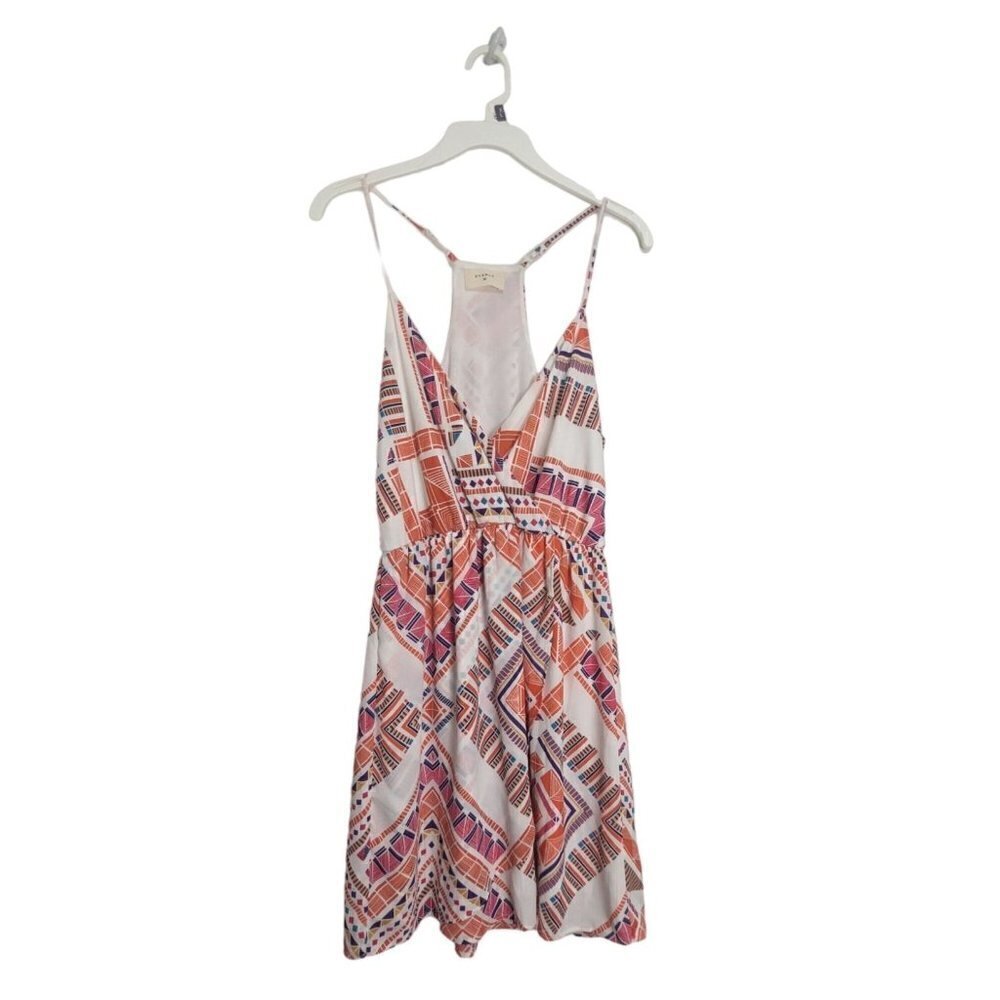 Everly Faux Wrap V-Neck Sleeveless Dress Cream Orange Aztec Print Size Medium